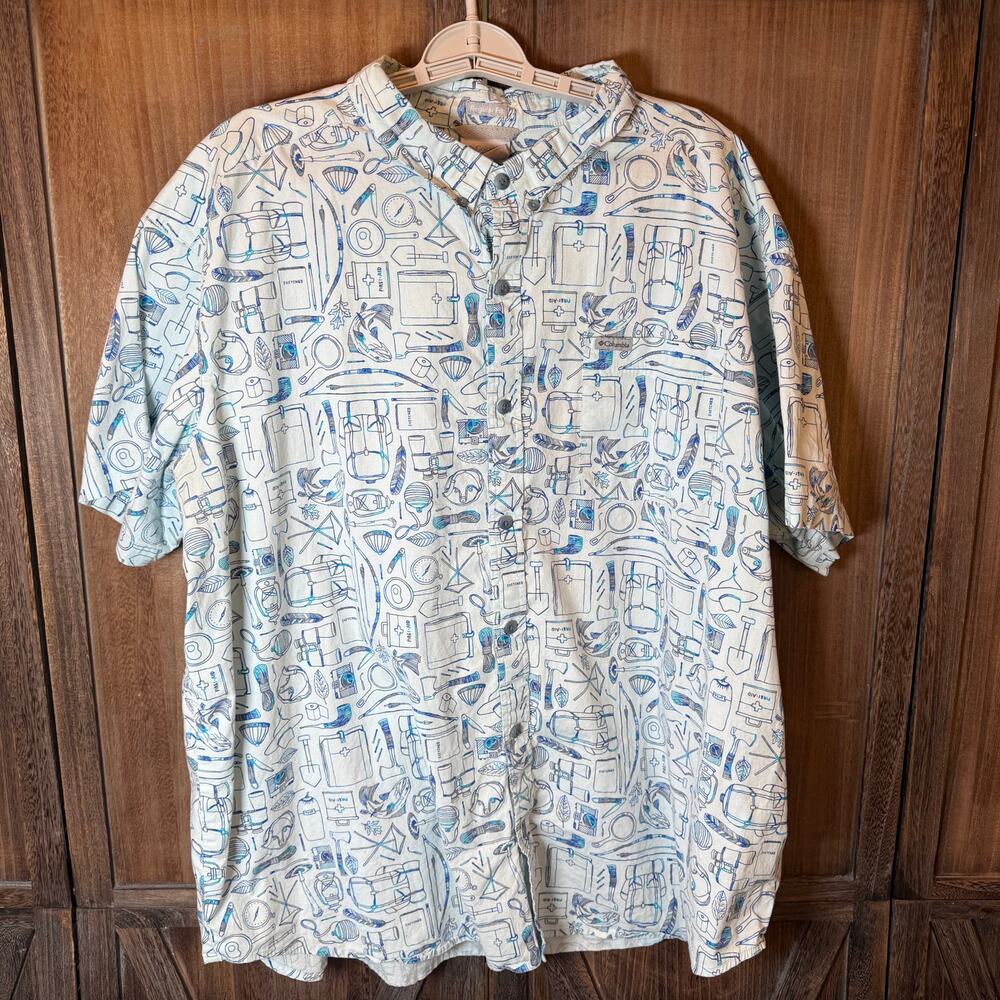 Columbia PFG Men XL Fishing Camping Print Button Shirt Blue Outdoor Regular Fit